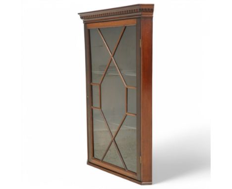 Georgian design mahogany wall hanging corner cabinet, dentil cornice over astragal glazed doorsDimensions: Height:&nbsp;91cm&