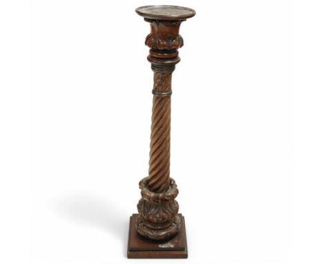 19th-century carved mahogany torchere with dish turned top, barley twist column with acanthus and vine carved floral decorati