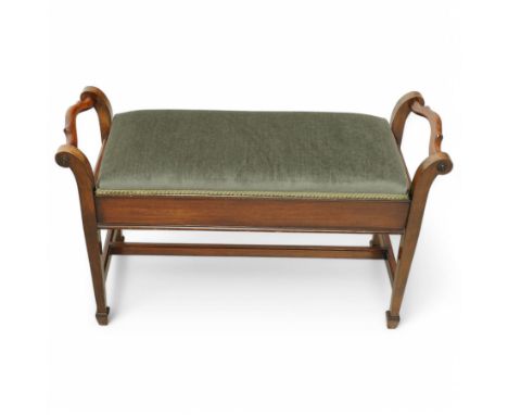 Edwardian walnut duet piano stool, upholstered hinged lid enclosing storage space, on square tapering supports with spade fee