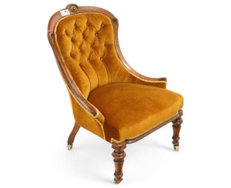 Victorian carved and inlaid walnut open chair, button upholstered in gold velvet with cushion back on turned legs and porcela