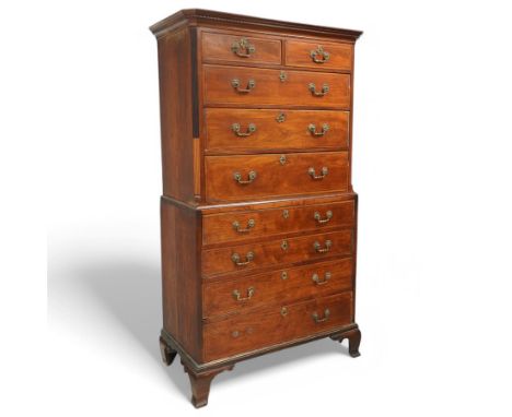 George III mahogany secretaire chest-on-chest, moulded and dentil cornice, fitted with two short and seven long drawers, each