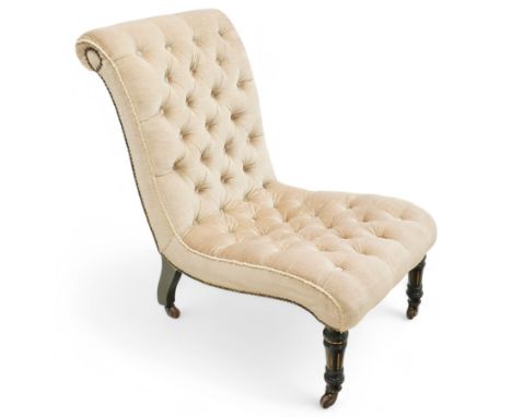 Victorian button-upholstered chair with scrolled back, fluted ebonised, and turned legsDimensions: Height:&nbsp;79cm&nbsp; Le