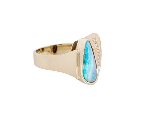 Ring mit Boulderopal und Brillanten von zus. ca. 0,10 ct, Opal farblich halbiert in grün/blau und gelb/orange, GG 14K, 7,4 gr