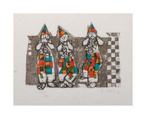 MIRER, RUDOLF (1937) "Drei Weisheiten, drei Schellenurslis, die nicht sprechen, hören bzw. sehen" 1979 Farblithographie, Ex. 