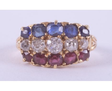 An antique yellow gold (not hallmarked or tested) three row ring set with a row of old round cut sapphires, total weight appr