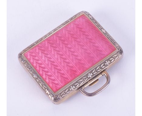 An antique rectangular silver and pink enamel travelling clock/watch by Borel Fils &amp; Cie with engraved edges, currently w