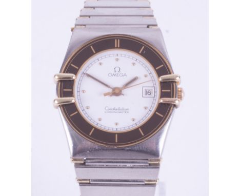 Omega, a ladies stainless steel &amp; gold Omega Constellation chronometer quartz wristwatch, white dial, reference 1382 / 60