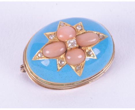 An antique yellow gold oval brooch set with coral &amp; small old cut diamonds and turquoise coloured enamel, measures 2cm x 
