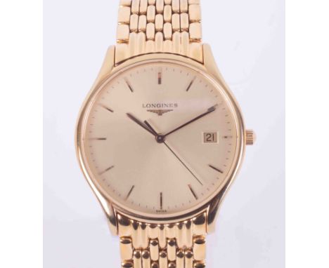 Longines, a gents gold plated Lyre wristwatch with date window, champagne dial, flexi link bracelet, model 4759.2.328, boxed.