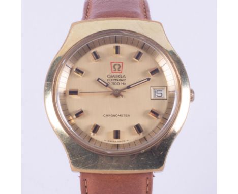 Omega, a gent's Omega electronic f300Hz chronometer gold plated wristwatch with tan leather strap, calibre 1250, 1972, serial