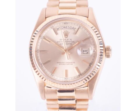 Rolex, a gentleman's 18ct gold Rolex Day Date wristwatch, model 1803, gold coloured dial with applied gold baton hour markers