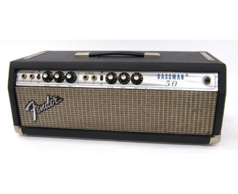 Mid 1970s Fender Bassman 50 guitar amplifier head, made in USA, chassis no. A84815, silver face, appears to be working