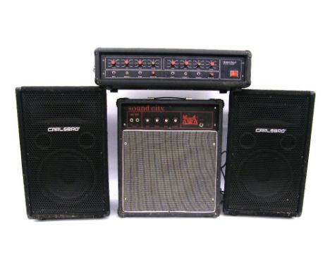 Custom Sound twin channel PA head; together with a pair of Carlsbro Alpha 8010-150 speakers and a Sound City SC30 amplifier
