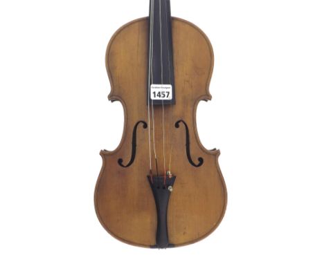 English violin of the Voigt School, with unusual finial carved as a bearded gentleman (no scroll), 14 3/16", 36cm, with viola