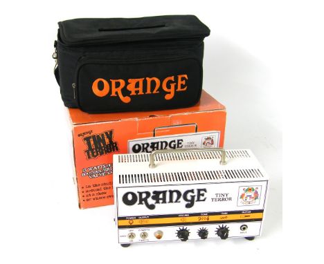 Orange Tiny Terror guitar amplifier head, appears to be in working order, soft case, boxed