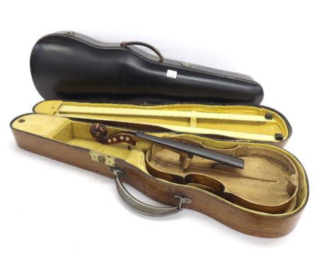 Interesting 19th century violin in need of restoration and rebuilding, with carved head finial, 13 7/8", 35.20cm, within a Hi