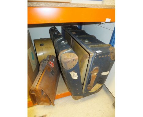 A collection of luggage to include a hat box and trunk CONDITION REPORTS Hat box in quite used and worn condition, some separ