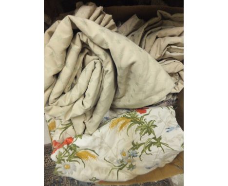 Three boxes of assorted cotton interlined and other curtains, to include pale pink sateen poppy and field flower designed cur