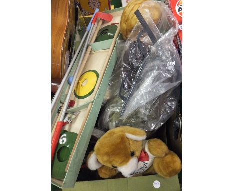 Assorted children's toys to include Chad Valley miniature golf game, stuffed plush toys, dolls, etc, together with a box cont