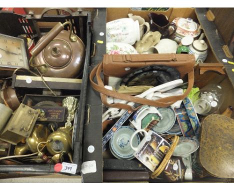 Two boxes of assorted china and miscellaneous items to include various decorative jugs, teapots, etc, together with a box of 