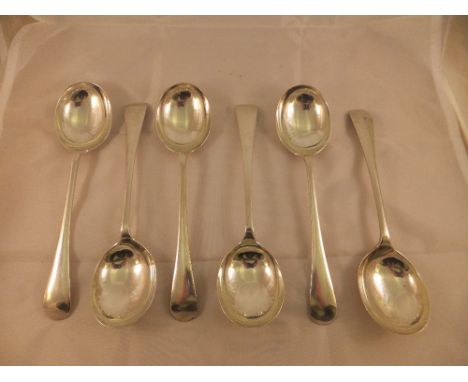 A set of six George VI silver Old English pattern soup spoons (by William Hutton & Sons Limited, Sheffield, 1940)