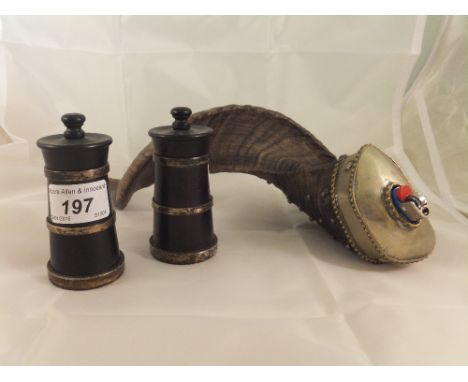 A pair of ebony and silver mounted pepper grinders (by M.C. Hersey & Son Ltd., London) together with a horn table lighter wit