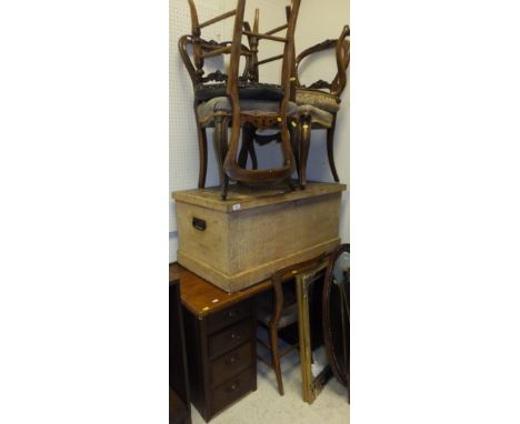 A pine trunk bearing pencil inscription to inside lid, a walnut pedestal desk, a harlequin set of five Victorian dining chair