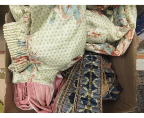 Two boxes of assorted scatter cushions to include chenille and a box of assorted curtains to include a pair of glazed cotton 