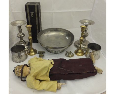 Assorted miscellaneous items to include a pair of brass candlesticks, a copper watering can, a brass letter rack in the form 