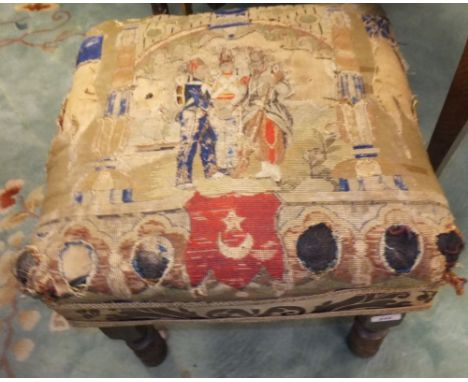 A dressing stool, the tapestry top depicting Turkish soldiers, raised on turned wooden legs