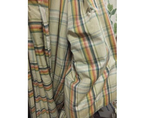 A pair of moire silk type interlined curtains of multi-coloured checked design, together with two matching Roman blinds