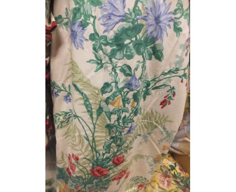 A pair of Ramm fabric "Poppy and fern" design glazed cotton curtains, together with a pair of cotton curtains, the white grou