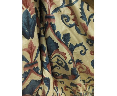 A pair of glazed cotton interlined curtains, the cream ground with blue and pink Classical floral sprays  CONDITION REPORTS L
