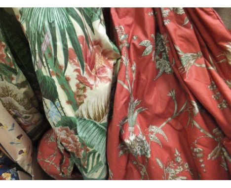 Two pairs of C M Design "Bamboo Gardens" cotton interlined curtains on a pale red ground, with matching pelmets and roller bl