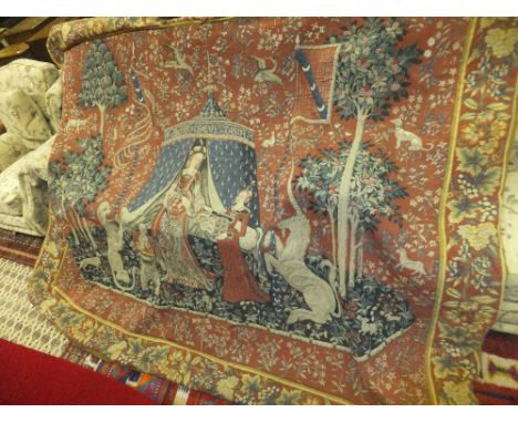 A Flemish tapestry wall hanging in the 17th Century manner depicting figures in a tent, inscribed "A mon seul desir" CONDITIO