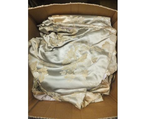Two pairs of moire silk interlined curtains of plain cream colouring with blue edging, together with a box of further curtain