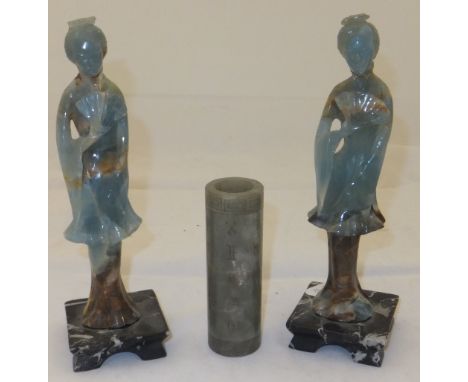 A Chinese carved jade cylindrical scroll holder engraved with character marks within Greek key borders, 10.5 cm high  CONDITI