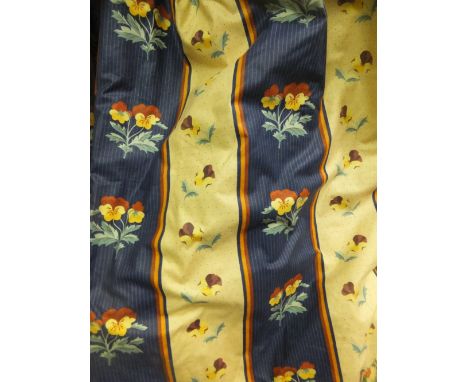 Two pairs of cotton interlined curtains, the peach and blue striped ground set with pansy sprays, together with matching pelm