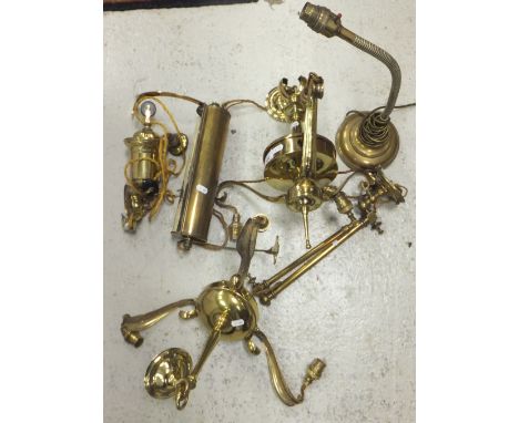Assorted brass lighting to include electrolier, table lamp, etc