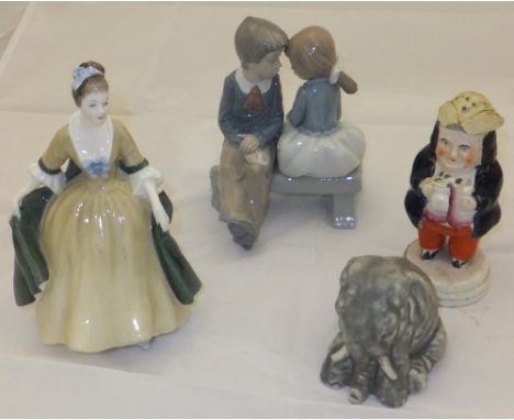 A Royal Doulton figurine "Elegance", model HN 2264, a Nao porcelain figure of a boy and girl seated upon a bench, a 19th Cent