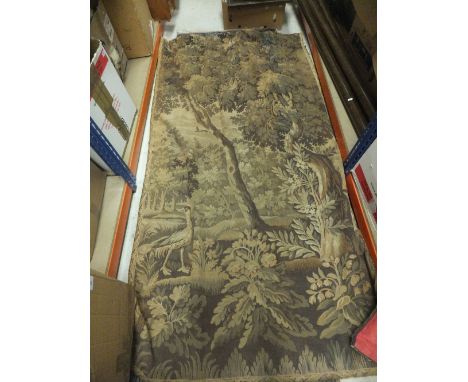 A box containing a Belgian style wall hanging depicting a bird amongst foliage, together with various curtains and tassel tie