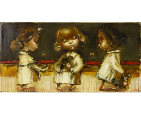 ELENA ILKU (UKRAINIAN), PLAYING IN THE SAND oil on canvas, signed, further signed and titled verso 31cm x 61cm Unframed, as i