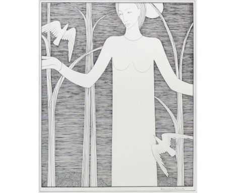 * HANNAH FRANK (SCOTTISH 1908 - 2008), WOMAN WITH BIRDS lithograph, signed in pencil 35cm x 28cm Mounted, framed and under gl