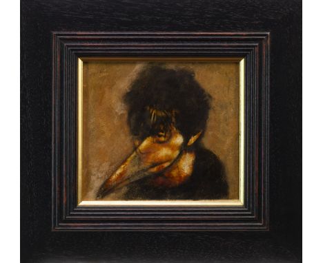 * FRANK TO (SCOTTISH b 1982), SELF PORTRAIT WITH PLAGUE DOCTOR MASK mixed media on paper, signed verso 20cm x 21.5cm Framed a
