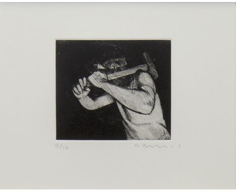 * GERARD BURNS, HAMMER etching, signed and numbered 5/10 10.5cm x 12cm Mounted, framed and under glass