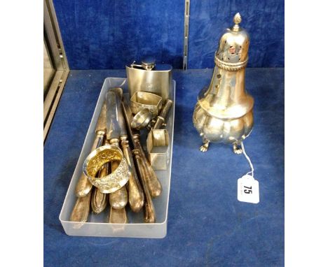 A Victorian silver sugar sifter A&B, Birmingham, 1900, three silver napkin rings, hip flask a pair of earrings and silver pla