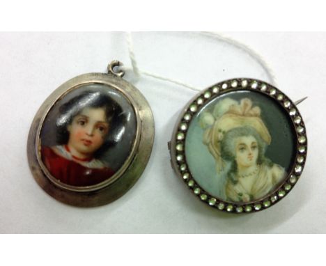 A hand painted pendant of a young boy with a lock of hair and a 18th Century painted brooch depicting a portrait of a women o