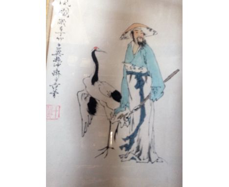 An Oriental print of a man with crane, 33cmx 24cm