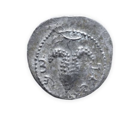 Judaea, 3rd revolt,Ar denarius 3.45g. Obv. Bunch of grapes on branch, inscription around lower half. Rev. Lyre with three str