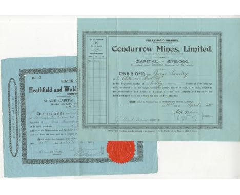 Great Britain,45 certificates dated 1910-1928, titles include, Condurrow Mines Ltd., 1910, Heathfield and Waldron Gas Light a
